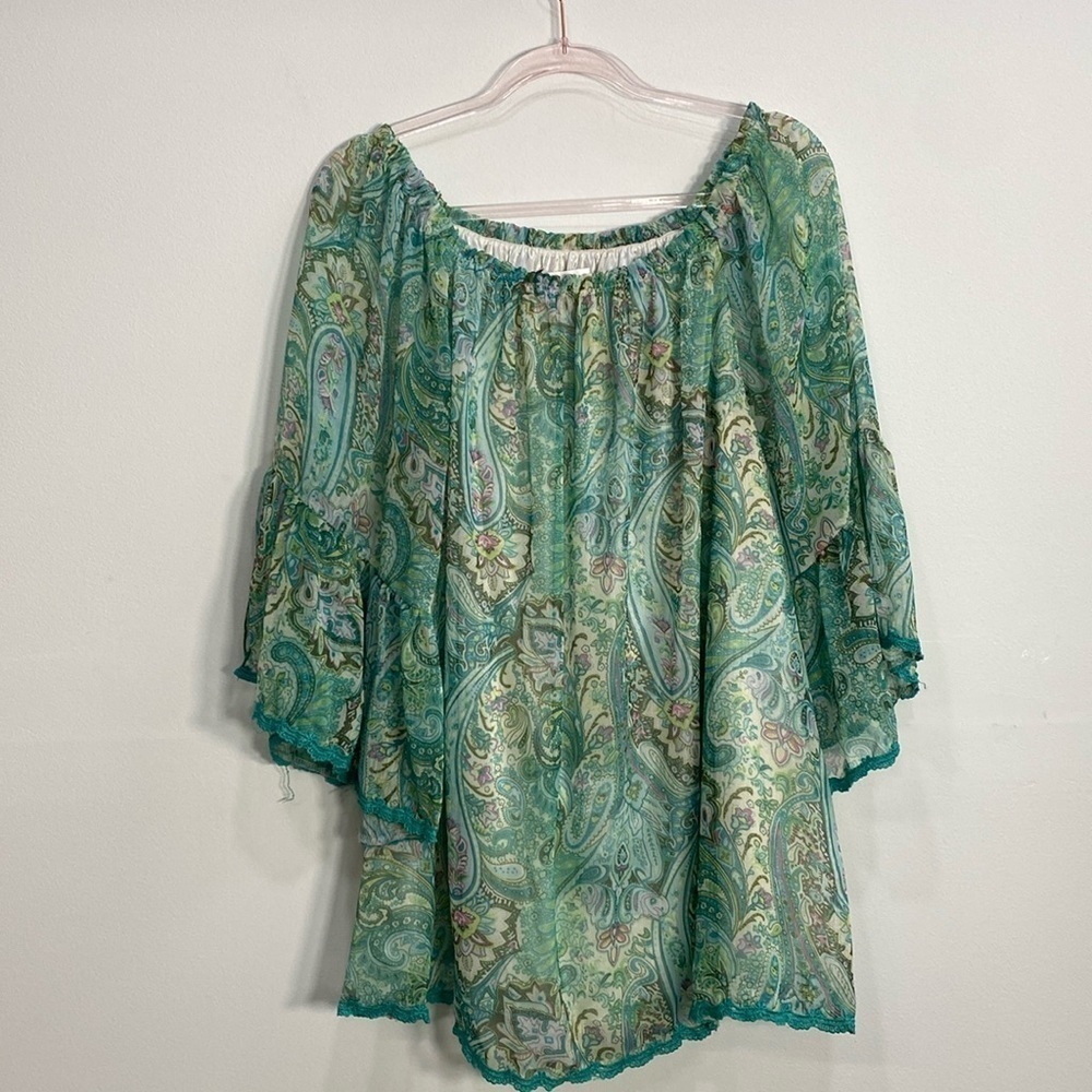 Paisley Vine Boho Blouse Women's Medium Green